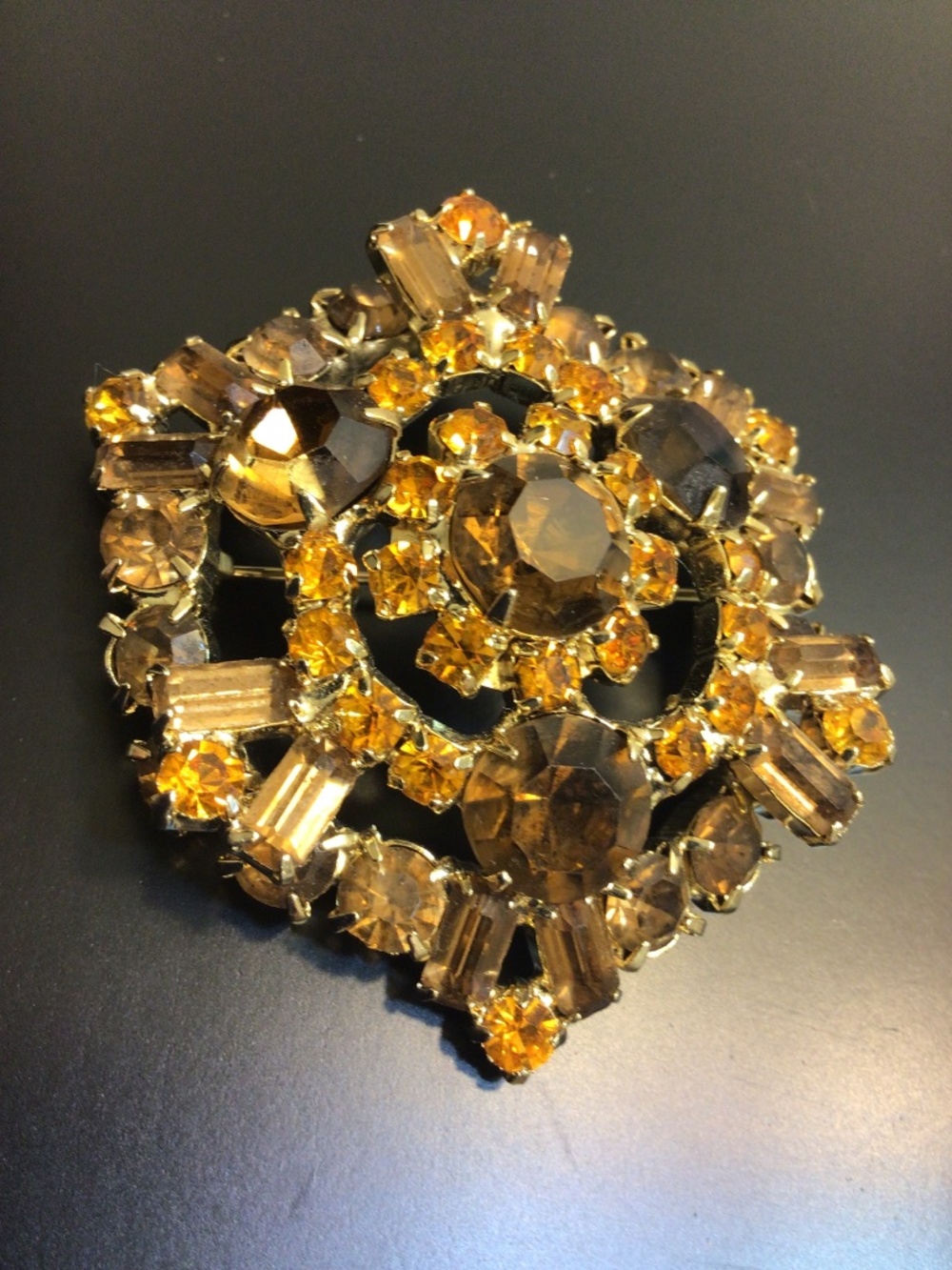 Vintage Gold-tone Brooch Layered Geometric Design Amber Topaz Rhinestones